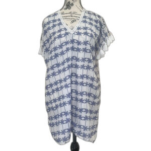 Z&L Europe Blue White Palm Tree Swim Cover Up Cotton Tassle Fringe Large BOHO